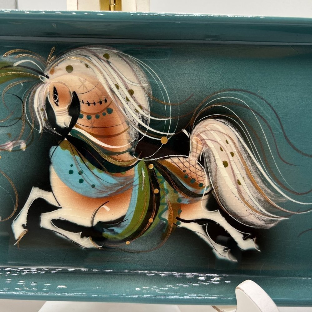 Sascha Brastoff Teal Edged Galloping Stallion Mid Century Ashtray - Picture 2 of 13